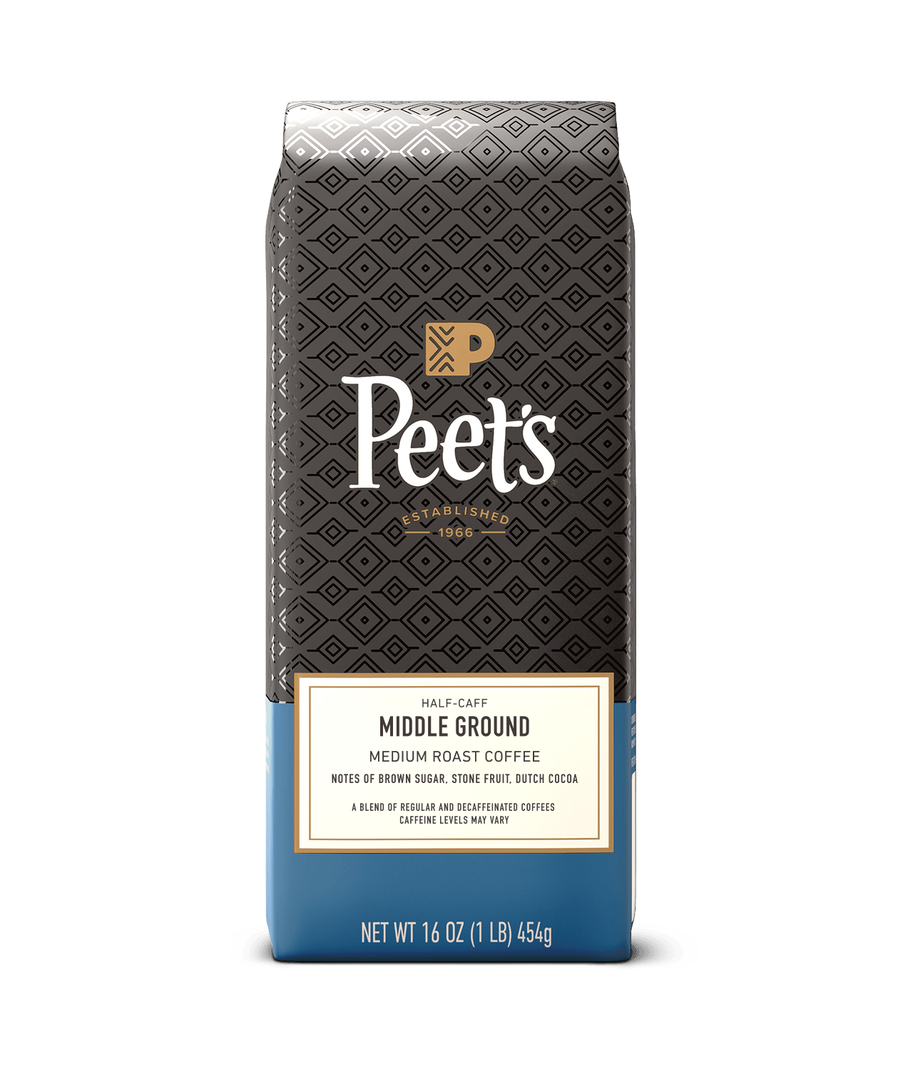 Peet's Coffee Middle Ground medium roast half-caff coffee 16 oz coffee in a blue bag